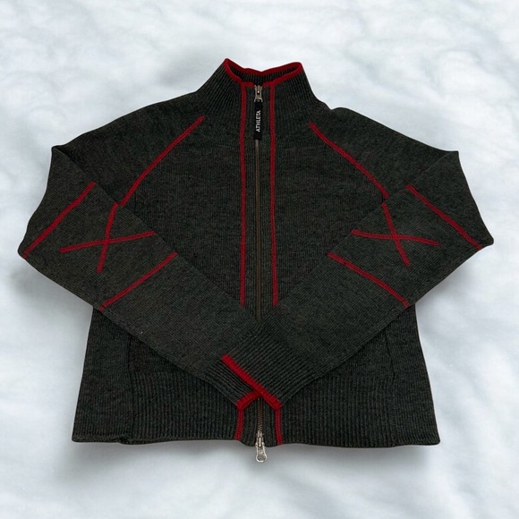 Athleta Wool Blend Full Zip Mock Neck Cropped Ski Cardigan, Grey & Red Stitching - Picture 1 of 6